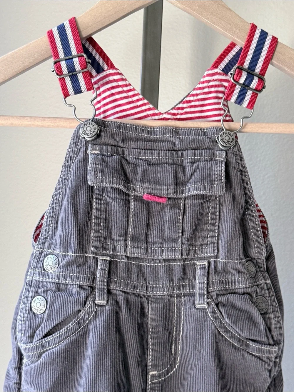 Baby Boden 6-12M Gray Corduroy Cargo Overalls Striped Lined